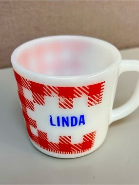 Personalized Vintage Westfield White Milk Glass Mug with Red Gingham and "LINDA"